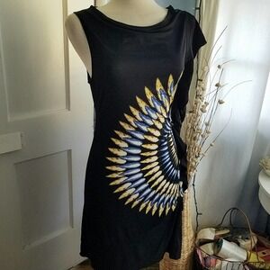 Black Feather Print Dress by BCBG MaxAzria Blue & Yellow / Size Medium